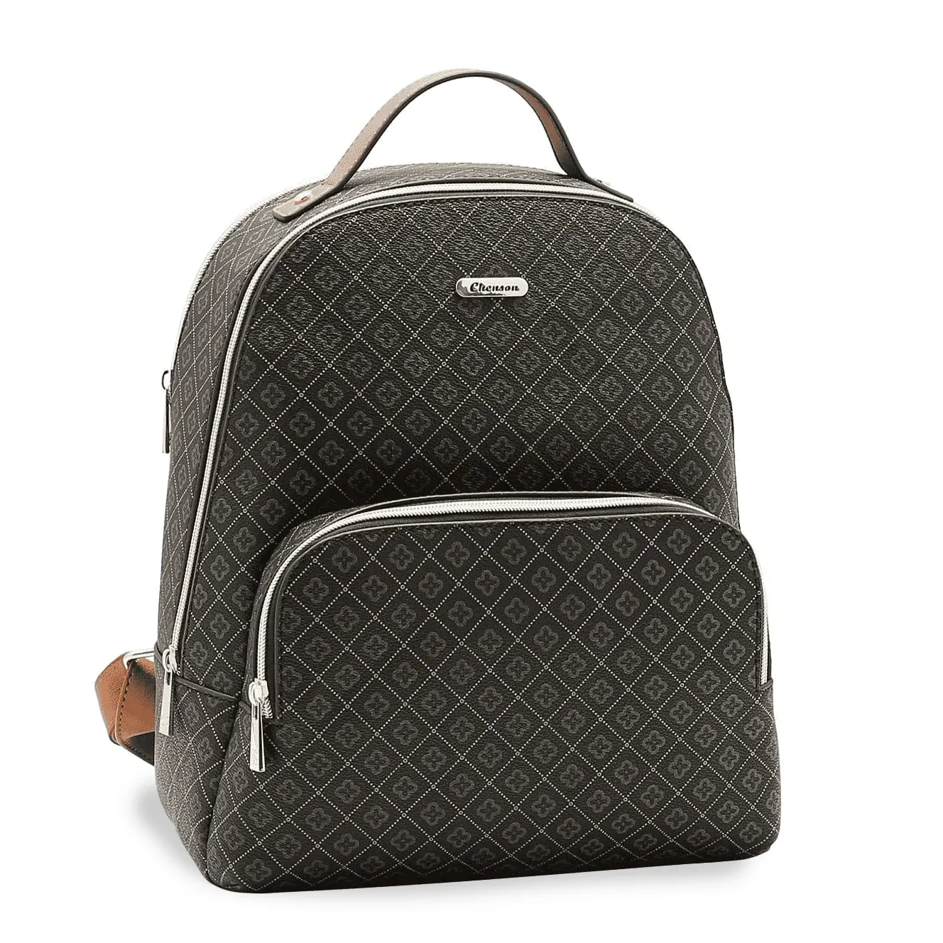 Mochila Chenson Monograma Café  com estampa em xadrez, vista frontal mostrando compartimentos e alças ajustáveis